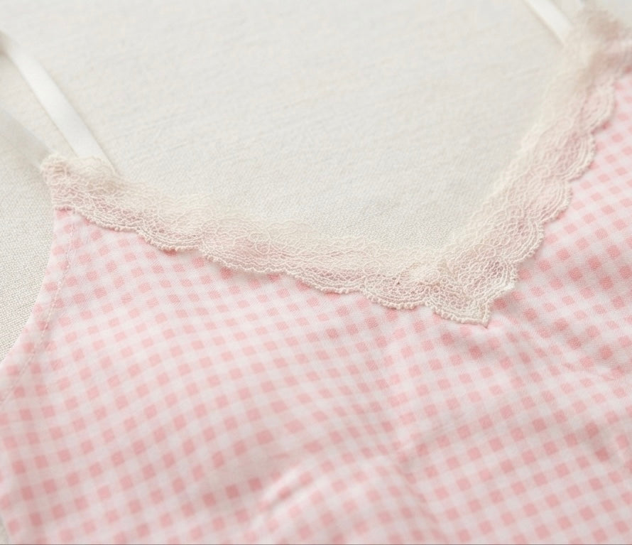 Pink Gingham Lace Trim Built-In Bra Top