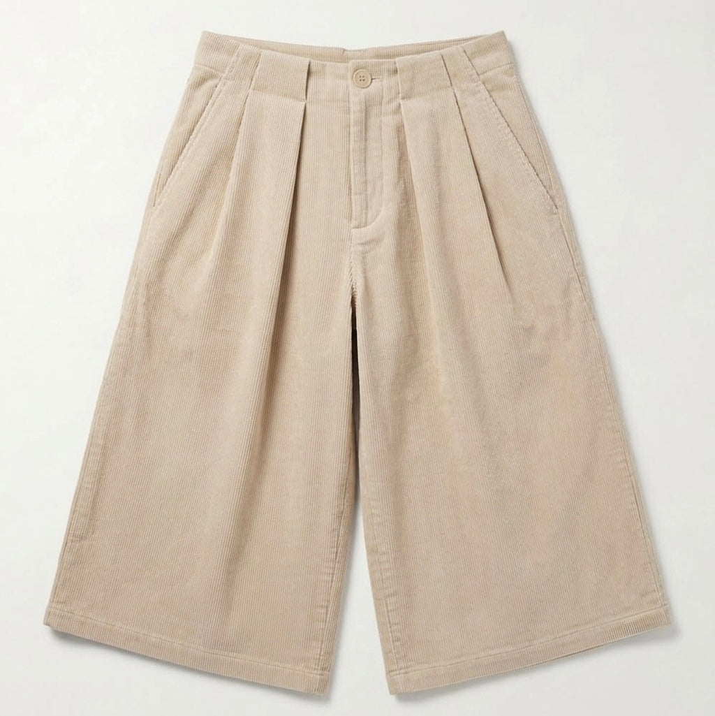 Stone Corduroy Pleat-Front Capri Trousers