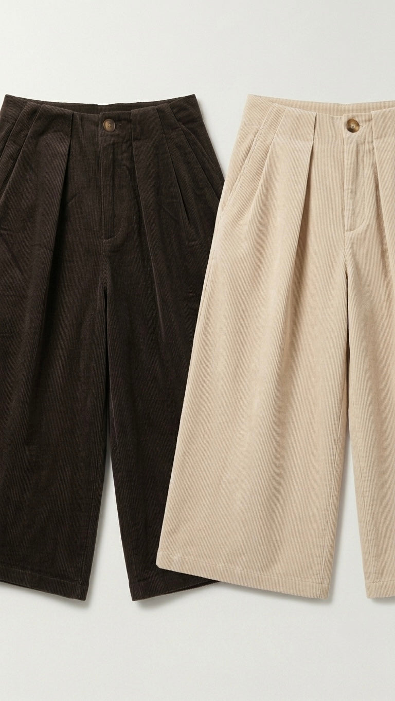 Stone Corduroy Pleat-Front Capri Trousers