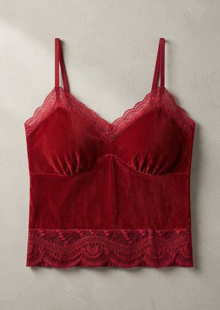 Velvet Lace-Trim Corset built-in bra top
