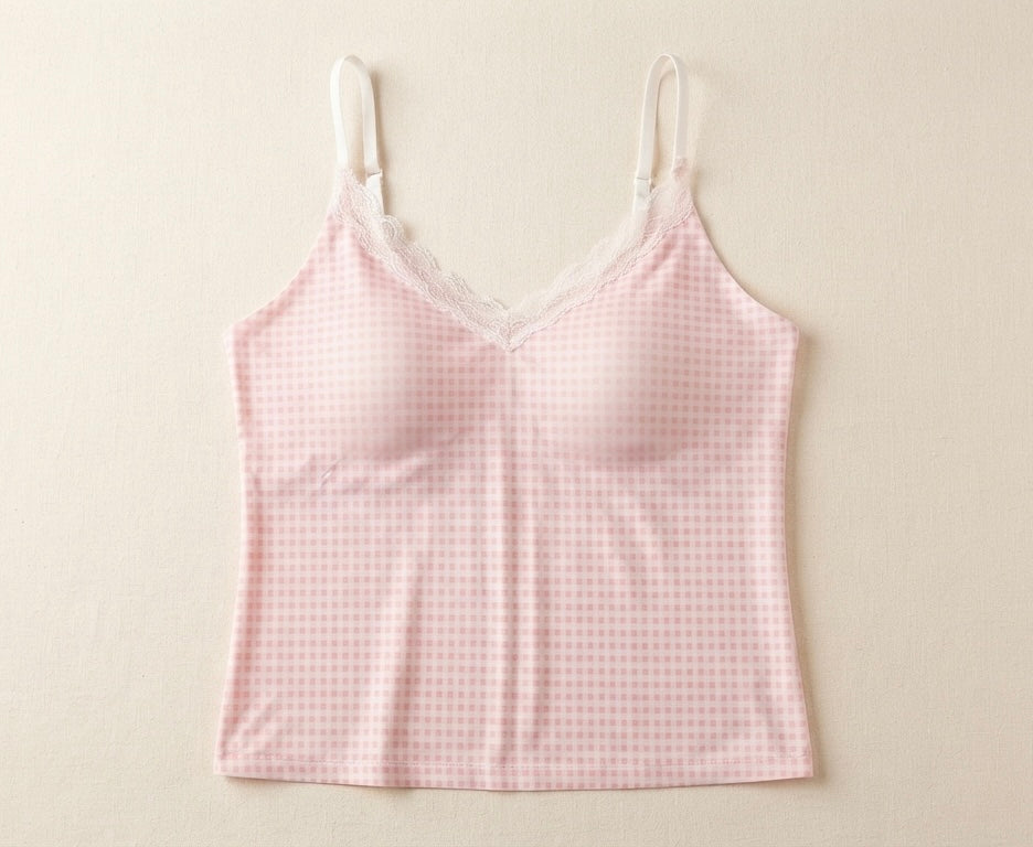 Pink Gingham Lace Trim Built-In Bra Top