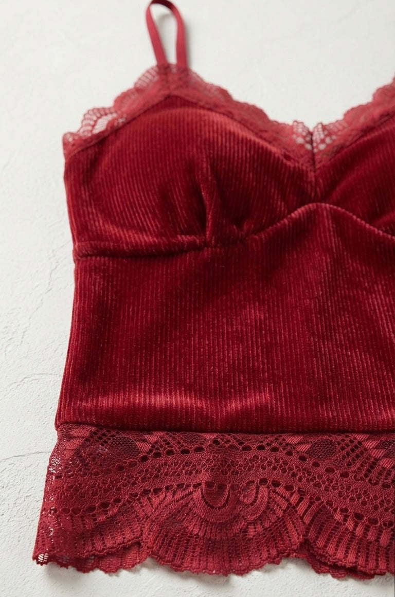 Velvet Lace-Trim Corset built-in bra top