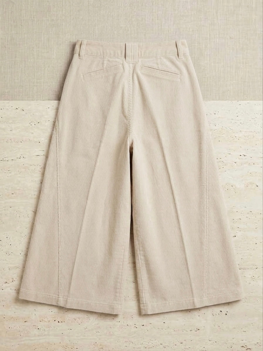 Stone Corduroy Pleat-Front Capri Trousers